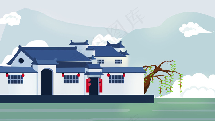 古风建筑插画psd模版下载
