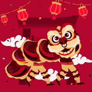 新年虎年舞狮插画 