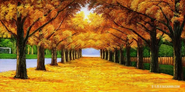 发财树金色大道油画风景画 发财树金色大道油画风景画