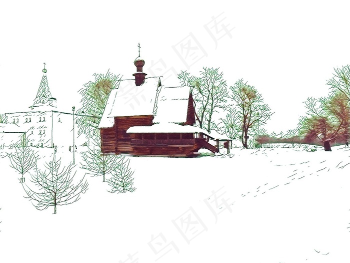俄罗斯木屋博物馆旅游风光冬日雪景艺术插画