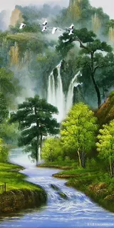 流水生财风景字画高清分辨率喷绘打印办公室挂画素材山水花草