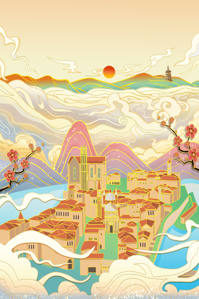 中国风国潮古建筑地标城市古风建筑阁楼印象地标手绘插画PSD素材