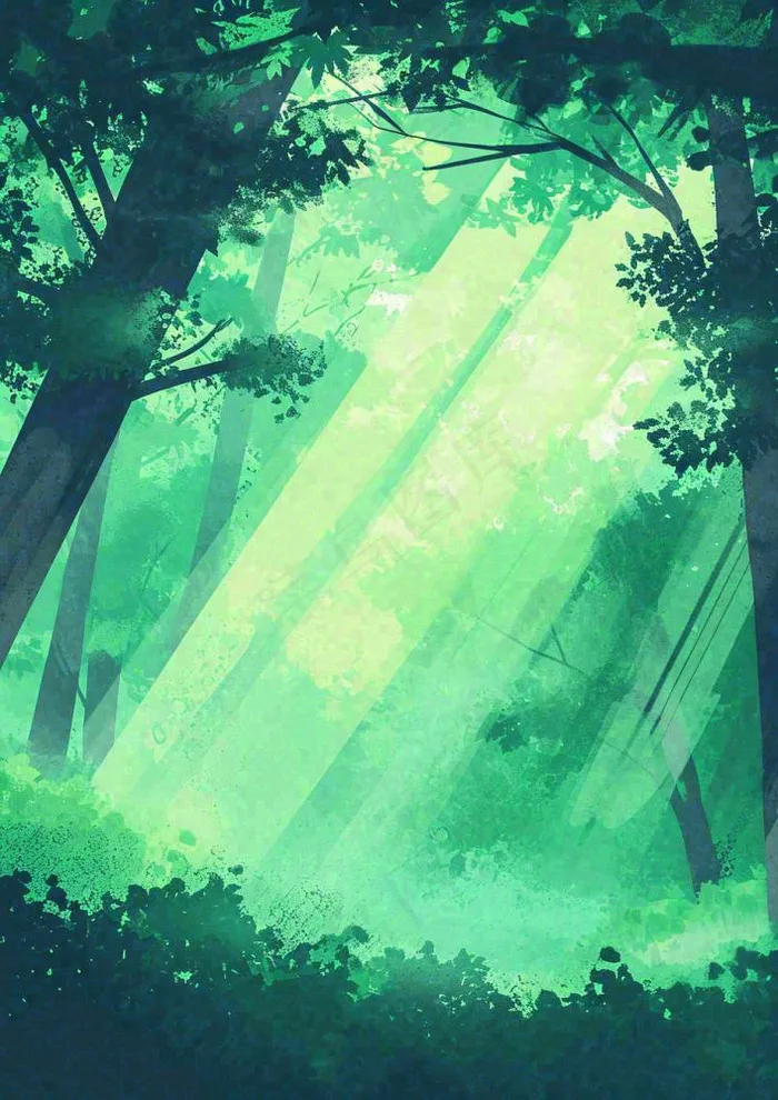 春意盎然的树林里阳光洒下绿草茵茵的水彩画(928x1312)