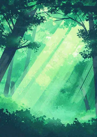 春意盎然的树林里阳光洒下绿草茵茵的水彩画