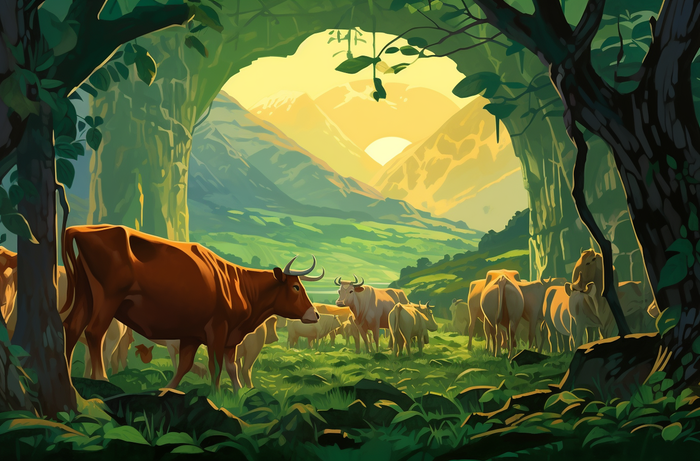 一群奶牛和山羊在山上的绿色草地上插画