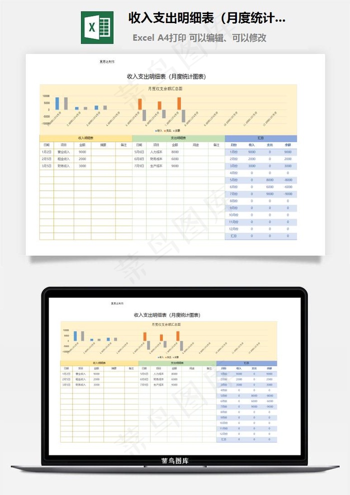 收入支出明细表（月度统计图表）