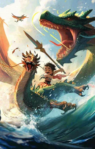 海上船只传说龙怪兽古风插画手绘