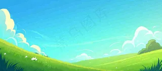 春天卡通扁平插画手绘蓝天绿色草地，春游，郊游，踏青