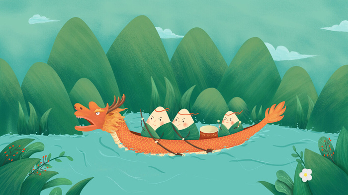 国潮风中国传统节日端午节赛龙舟粽子场景插画海报PSD设计素材