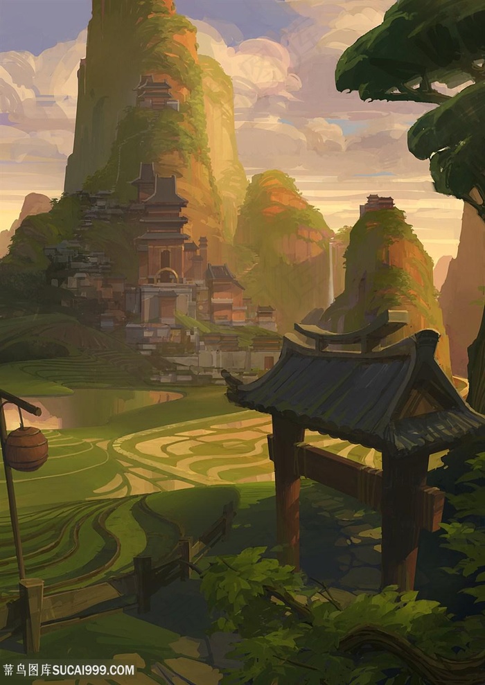 古代远古田野江南农田古寺中国风CG原画绘画图片