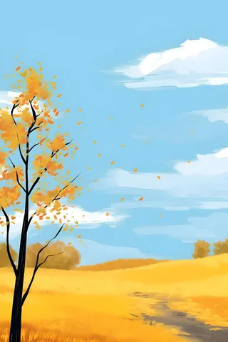 秋天清新天空树林插画黄色背景