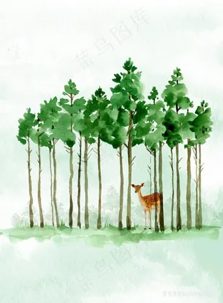 水彩树林麋鹿风景画插画