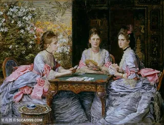 米莱斯油画唯美美女聚会打牌