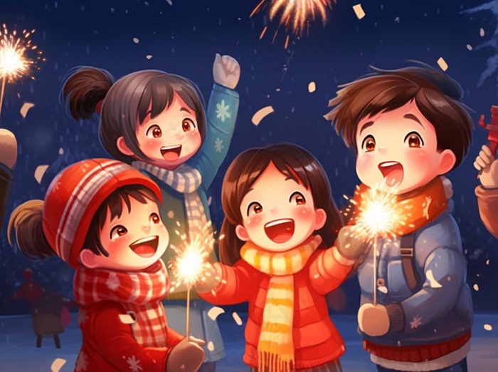 新年除夕放烟花爆竹的孩童庆祝新年喜庆卡通插画背景
