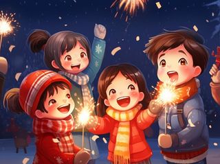 新年除夕放烟花爆竹的孩童庆祝新年喜庆卡通插画背景