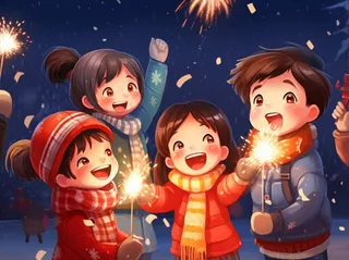 新年除夕放烟花爆竹的孩童庆祝新年喜庆卡通插画背景