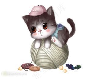 爬在毛线球上的小猫插画