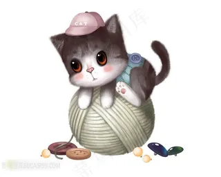 爬在毛线球上的小猫插画