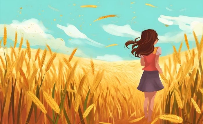 小麦麦穗穿裙子的女孩黄色插画背景(5632x3456)