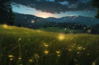 草地上有萤火虫的夜空身临其境的环境摄影图