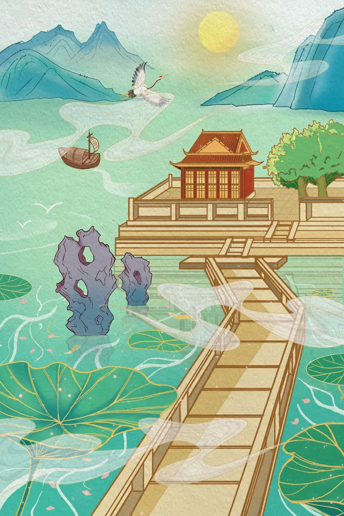 中国风国潮烫金仙鹤山水古建筑风景装饰插画背景PSD分层设计素材psd模版下载