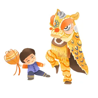 新年春节虎年元宵手绘人物舞狮卡通狮子头插画元素PSD设计素材