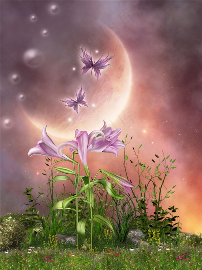 卡通梦幻童话百合蝴蝶背景素材