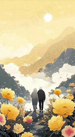 端午节老人相伴到老，菊花黄色花朵，落日山脉