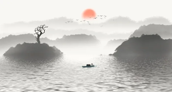 水墨湖水风光景观PSD素材