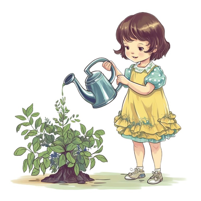 小女孩拿着水壶浇水绿植草人物插画免抠(1024x1024)