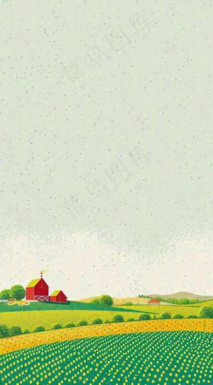 清新山脉草坪点线面扁平屋子树木手绘插画