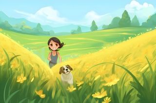 春天蓝天白云草原黄花小女孩小狗动物漫步奔跑
