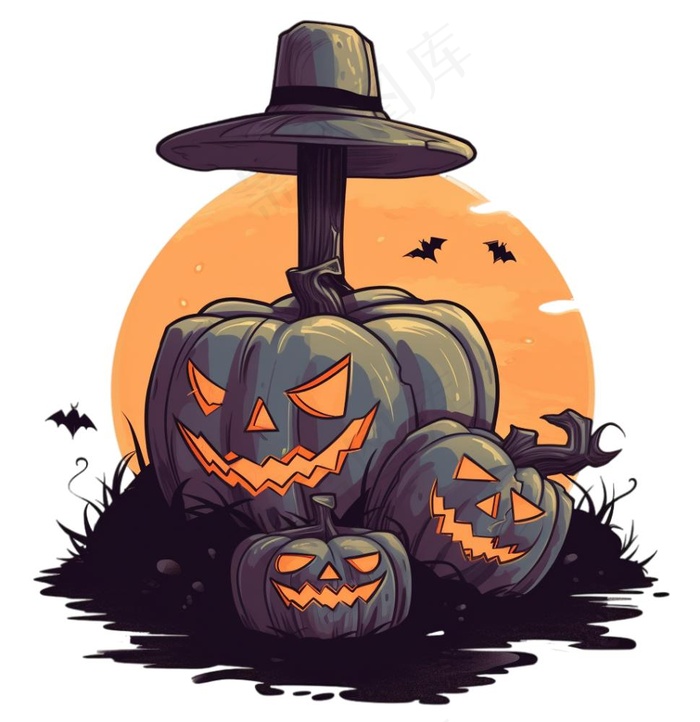 十字架坟墓南瓜怪物蝙蝠恐怖卡通插画免抠