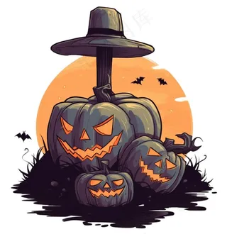 十字架坟墓南瓜怪物蝙蝠恐怖卡通插画免抠