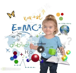拿着书本的儿童和数理化公式图片素材