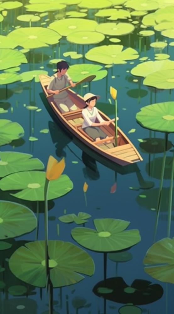荷花荷叶池里划船的少年绿色插画背景(665x1200)