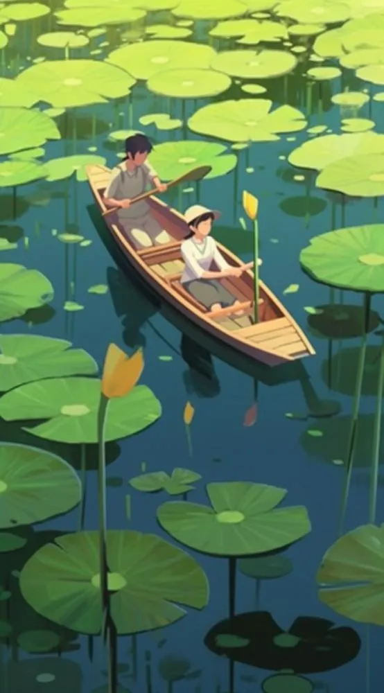 荷花荷叶池里划船的少年绿色插画背景(665x1200)