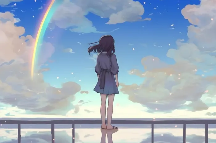 天空彩虹白云毕业的女孩插画背景(5376x3584)
