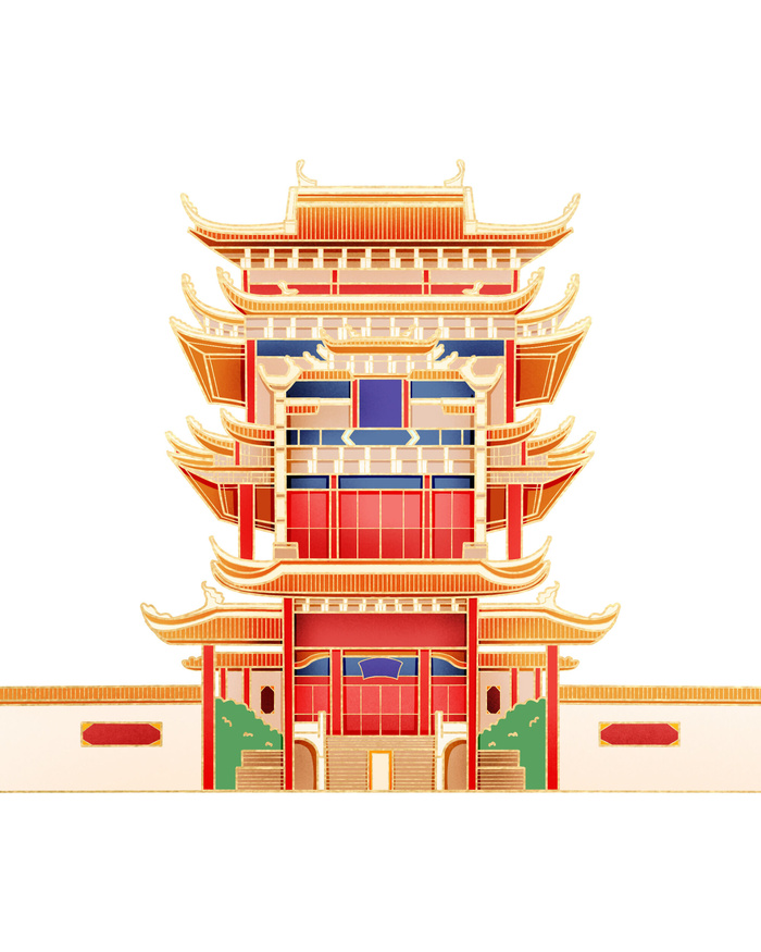 复古中国风国潮古建筑插画手绘高楼古塔PSD素材亭子png免抠图