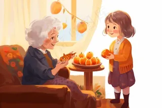 奶奶孙女品尝美食陪伴欢乐插画素材背景