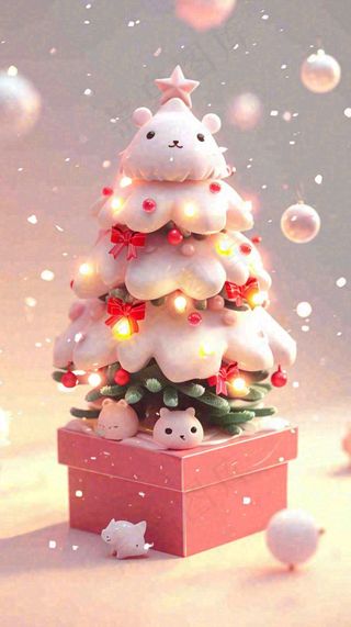 冬天圣诞树有小猫可爱，雪球雪花圣诞节