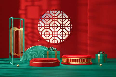 中国风古典喜庆C4D背景图3D国潮场景促销活动海报PSD设计素材模板