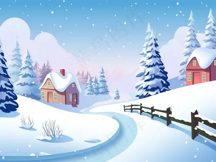 冬季白雪覆盖村庄和大地自然风景卡通插画素材背景