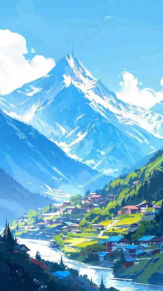 蓝天白云连绵山脉小溪河流小屋，阳光晴天