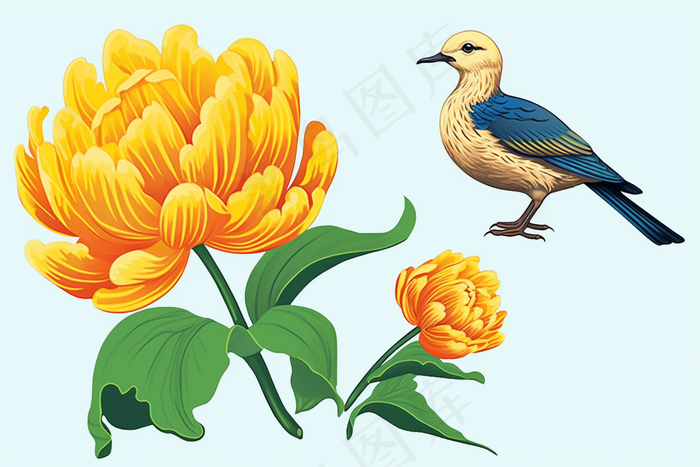 黄色菊花小鸟插画素材