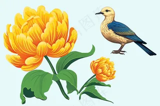 黄色菊花小鸟插画素材