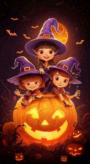 梦幻黑色万圣节恐怖南瓜，夜晚卡通动漫插画