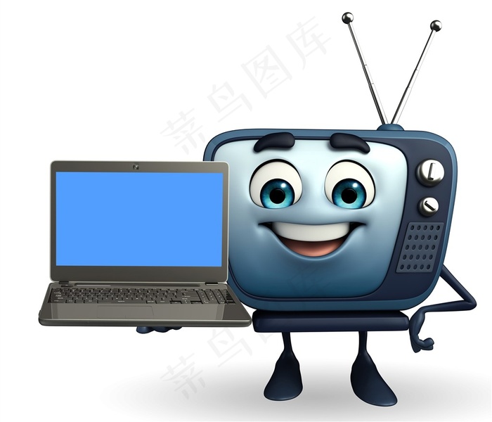 拿着笔记本电脑的卡通电视机小人高清图片