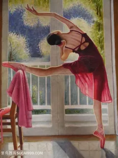 关则驹油画作品正在练舞的红裙子芭蕾女孩油画图片