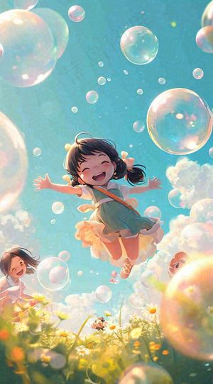 春天夏天女孩草地玩耍，阳光白云气泡可爱插画